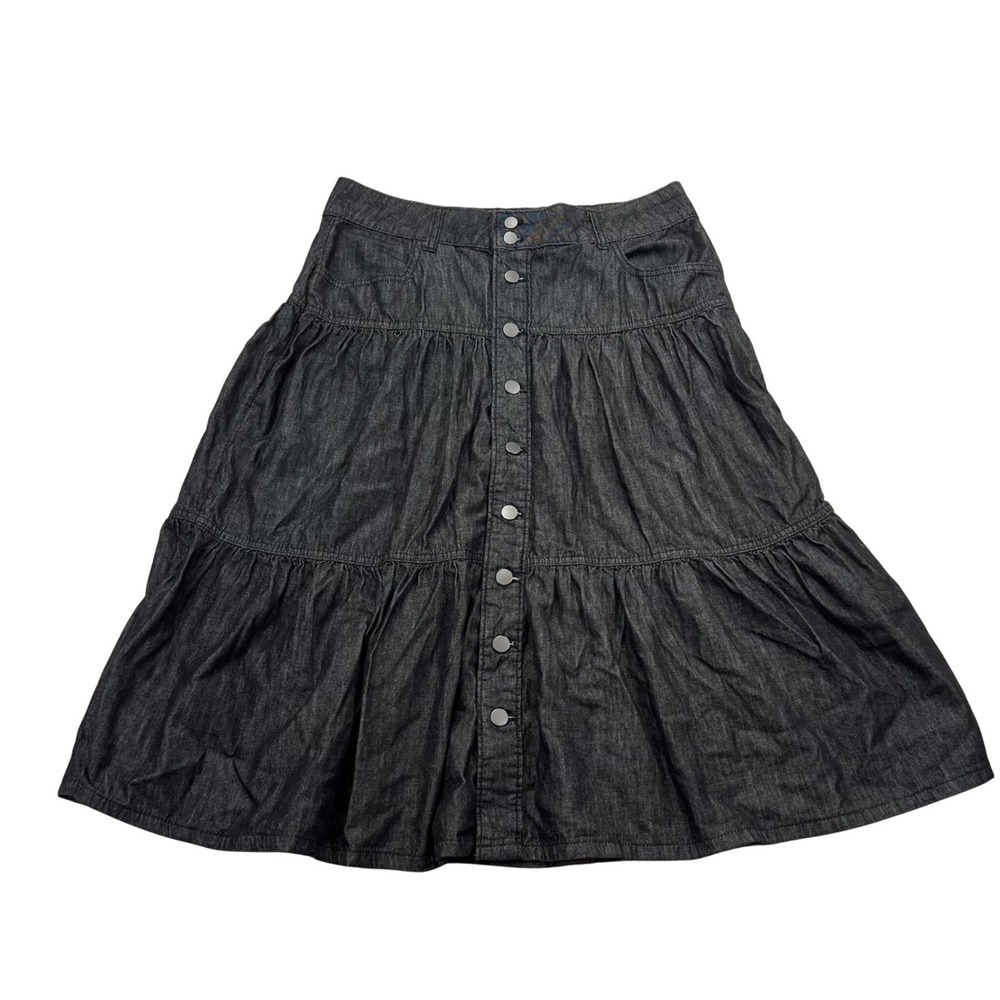 Time and Tru Denim Tiered Skirt Womens 12 Black Button Front Midi Boho Cotton